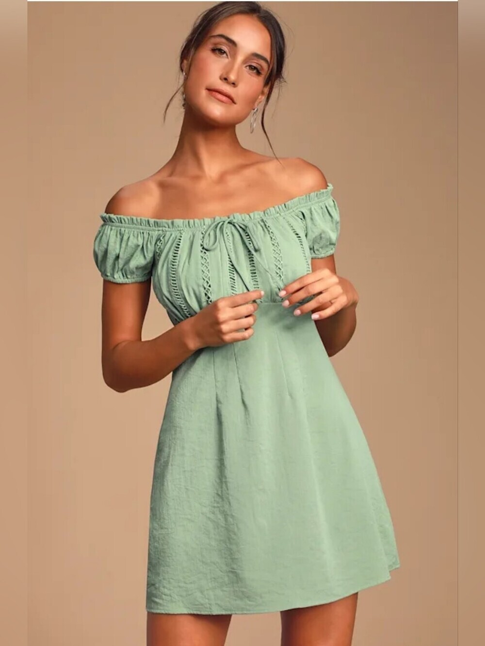 Lulus Wisteria Sage Green Embroidered Off Shoulder Mini Dress Size M Milkmaid